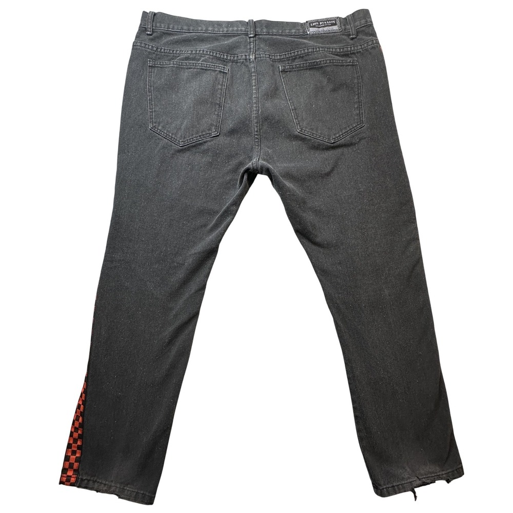 Lion Dynasty Jeans Mens 42x30 Black Denim Moto Biker Ribbed Red Checkered Stripe
